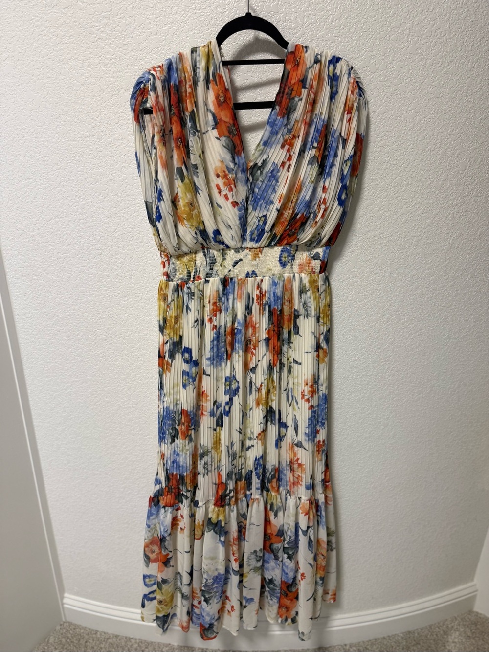 Express Cream Midi Dress with Blue & Orange Floral Print